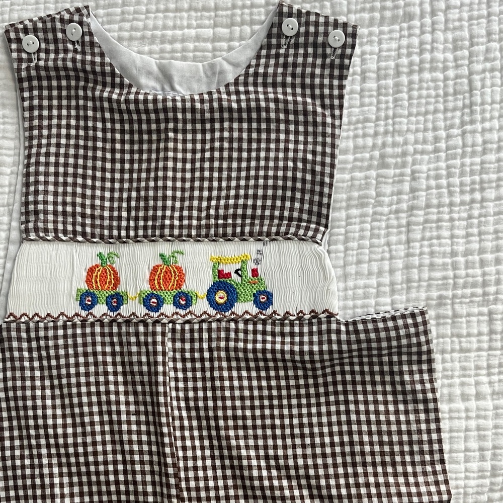 Brown Checkered Kids One Piece with Pumpkin Train Design